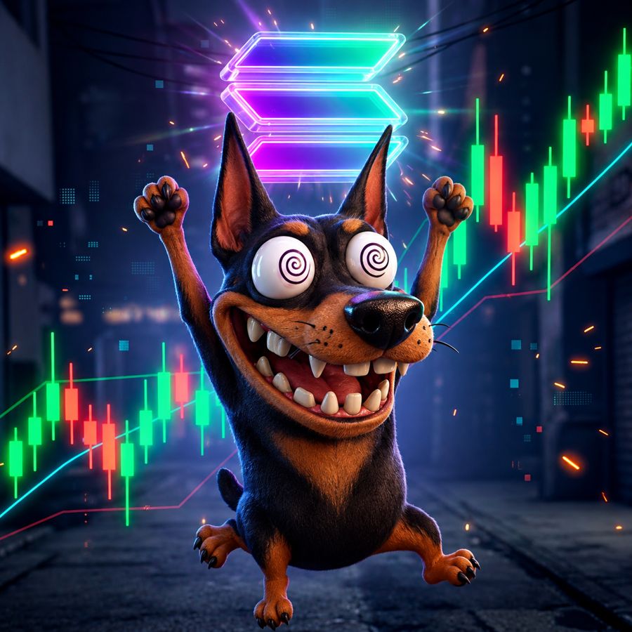 SolaDog, a wide-eyed Doberman cartoon dog holding up a glowing Solana crystal in front of green and red candlesticks